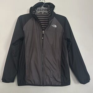 The North Face boy black & gray reversible hooded jacket Windbreaker & fleece